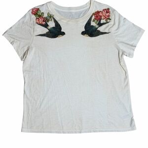 Swallow Bird Graphic Tee XXL Cream Floral Tattoo Style T-Shirt Indie Plus Size